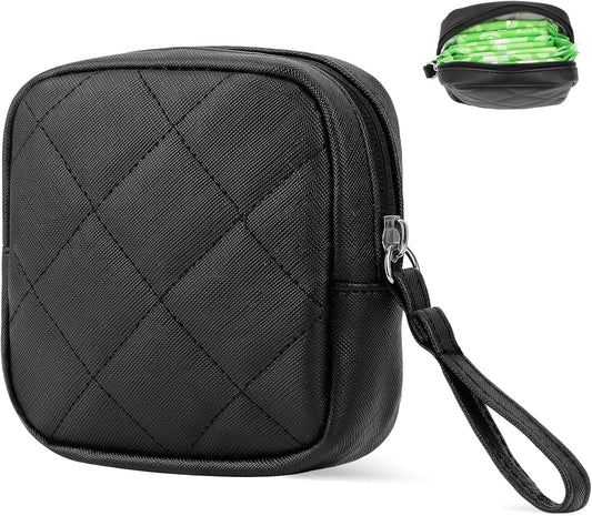 Sanitary Pad Storage Bag, Leather Period Bags for Teen Girls, Portable Tampon Menstrual Cup Pouch Nursing Pad Holder Purse, Sanitary Pouch for Feminine Products 1 Pack(Black)