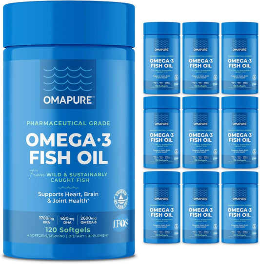 Wild Caught Omega-3 Supplements with High EPA & DHA (10 Bottles, 120 Softgels) - Burpless Formula Supports Heart & Joint Health, Promotes Brain Function