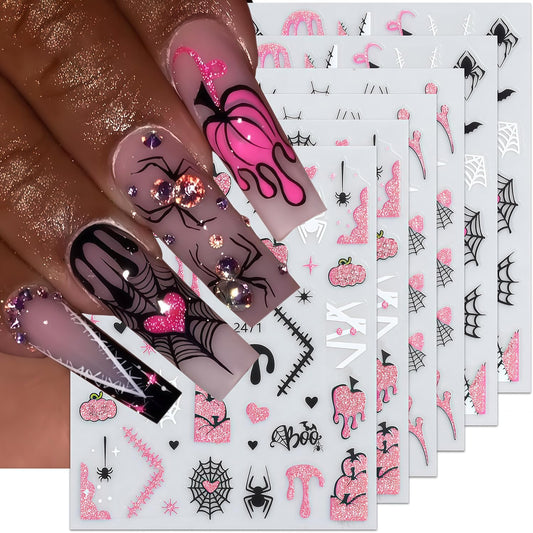 6 Sheets Halloween Nail Stickers for Nail Art 3D Self-Adhesive Pink Glitter and Black Spider Web Spider Pumpkin Bat Pattern Nail Art Stickers Holiday DIY Manicure Tips Nails Accessories for Women