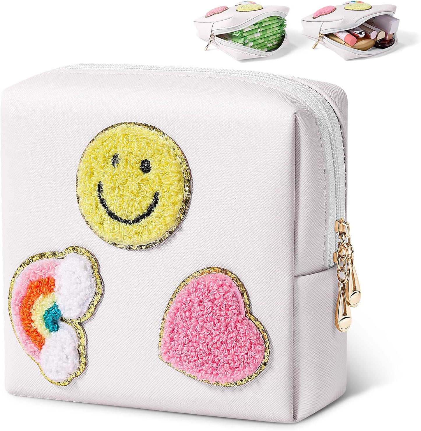 Period Bag for Teen Girls PU Leather Sanitary Pad Bags for Period Teen Period Pads Pouch for Panty Liners, Tampons, Menstrual Cup - White