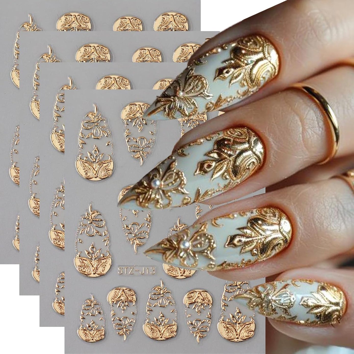4Pcs Gold Nail Art Stickers 5D Embossed Golden Flower Nail Decals Fall Nail Art Supplies Flower Vine Leaves Autumn Nails Design French Leaf Manicure Sliders for Women DIY Thanksgiving Nail Decorations