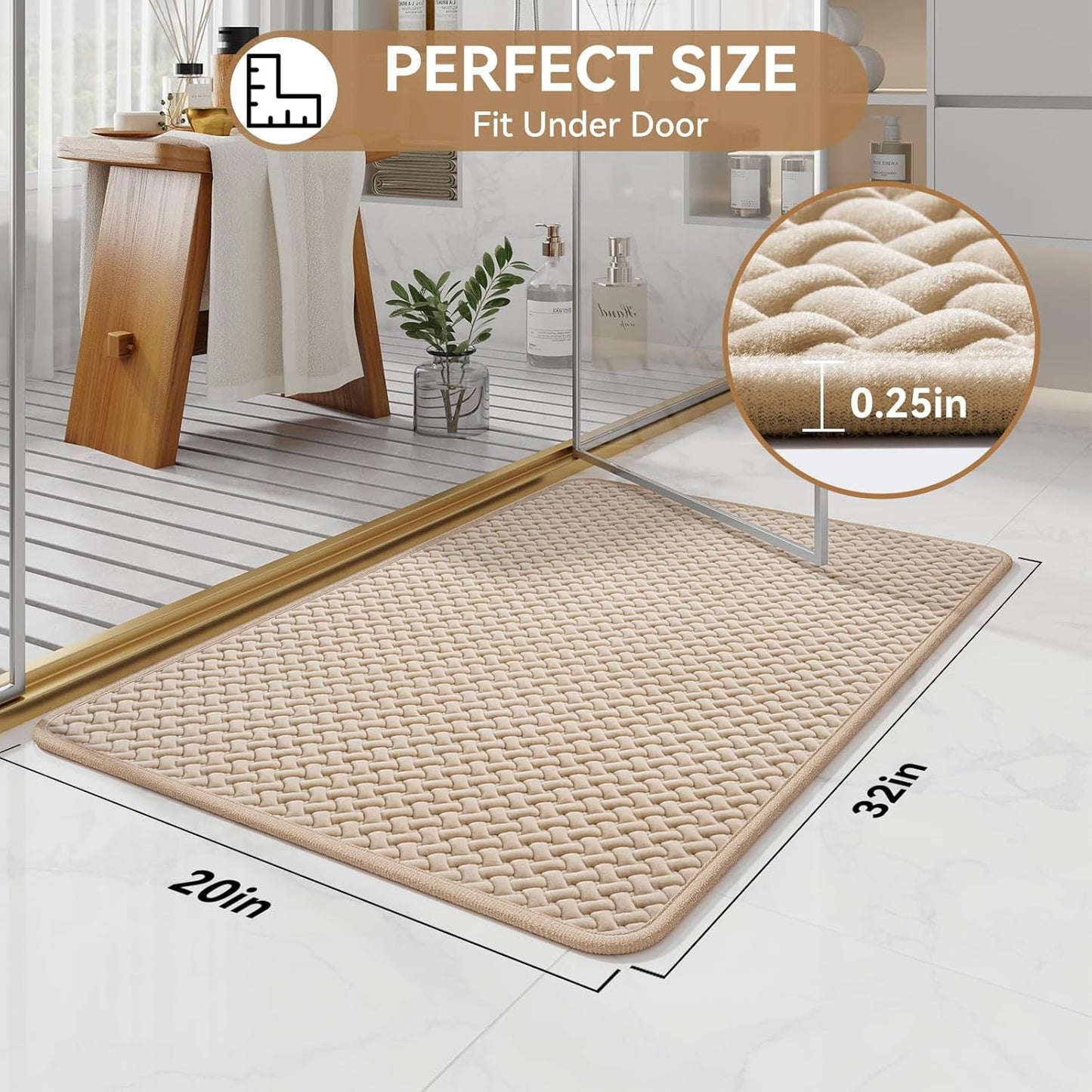 Bathroom Rugs Non Slip, Super Absorbent Quick Dry Bath Mat, Foam Weave Texture Rubber Backing Ultra Thin Bathroom Mats Fit Under Door Bathroom Floor Bathtub Shower