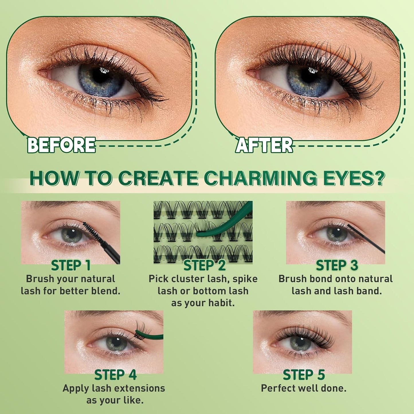 Natural Lash Clusters Kit 144Pcs DIY Lash Extension Kit Wispy Eyelash Extensions Kit D Curl 8-18MIX with Bond and Seal and tweezers with Thin Lash Band by KEYYOU（KIT-N04-D-8-18MIX）