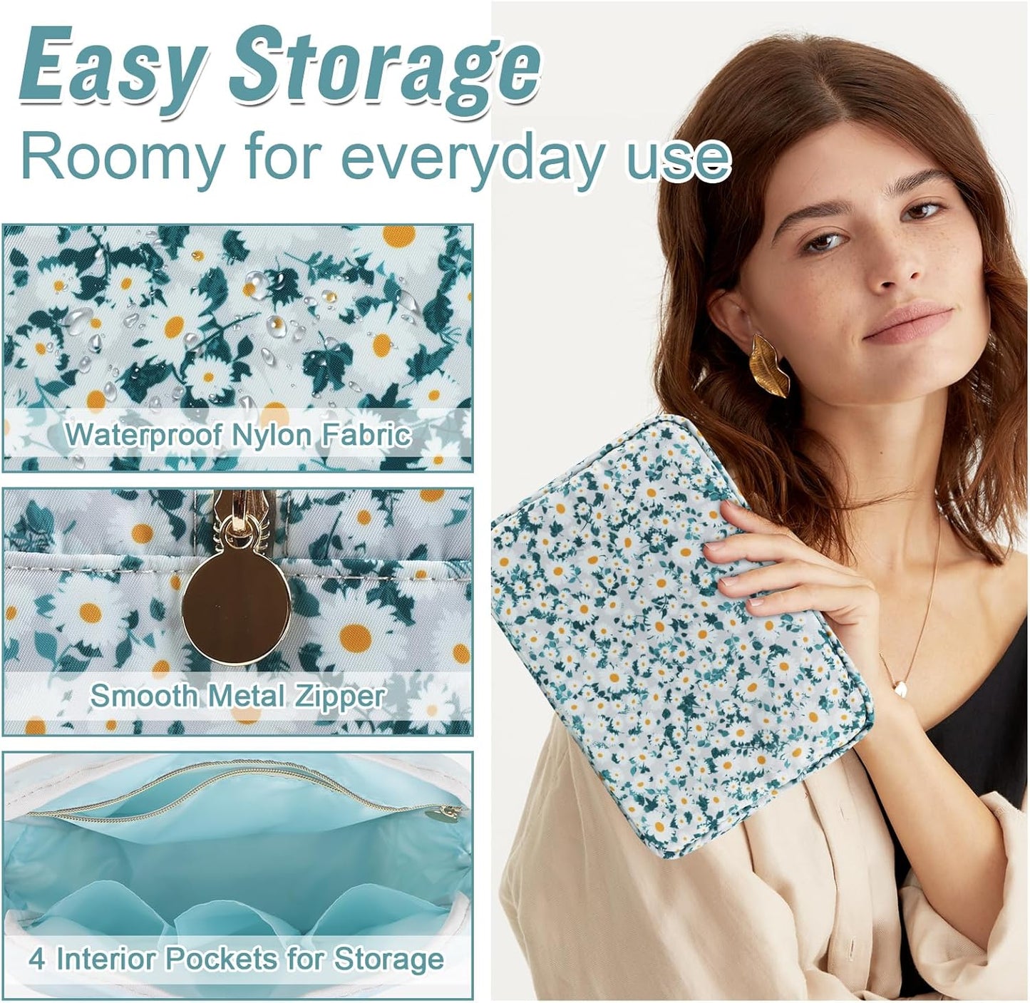 Nylon Large Floral Makeup Organizer Bag, Preppy Big Cute Flower Cosmetic Zipper Pouch Multi-compartment with Dividers, Waterproof Toiletry Makeup Brushes Bag Travel Essentials for Women(Green-Daisy)