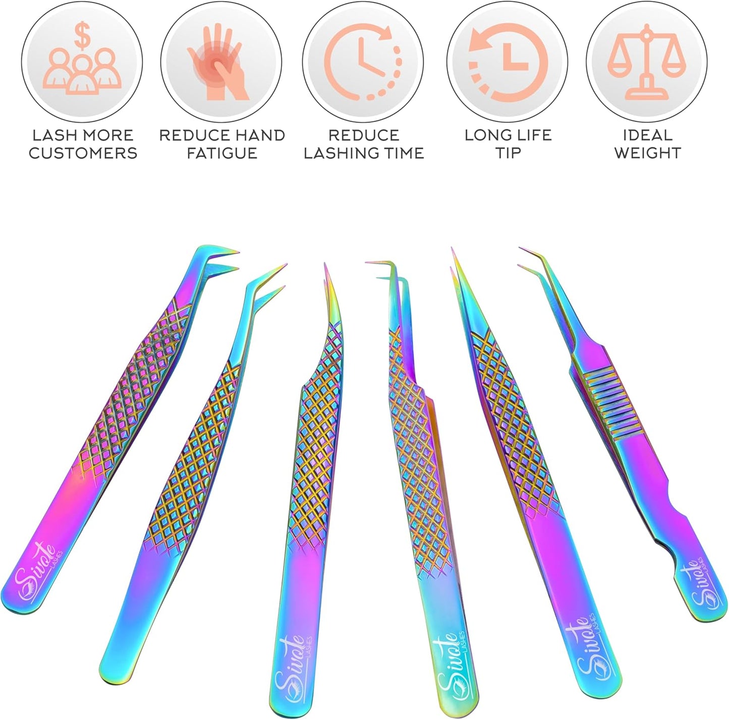 SIVOTE Eyelash Extension Tweezers Fiber Tips Japanese Steel, Set of 6 – Curved, Dolphin, 90° 45° Volume Boot & Slight Curved Tweezer – Professional Lash Tweezers for Lash Extensions Rainbow