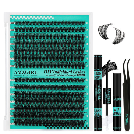 Lash Clusters Kit,280Pcs Individual 60D 80D Eyelash Extension Kit,Lash Bond and Seal,Lash Remover For Eyelashes Extensions,Lash Applicator Tool For False Lashes Cluster Kit At Home(D-Mix9-16mm)