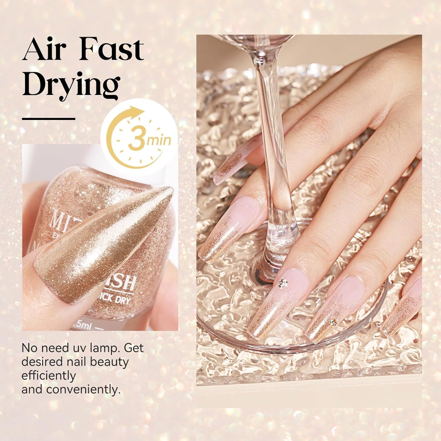 MIZHSE Quick Dry Glitter Nail Polish, Metallic Gold Nail Polish Air Dry Fast, 15 ml High Glossy Sparkle Shiny Shimmery Chrome Nail Pigment Water-based Nail Art Salon Manicure Home