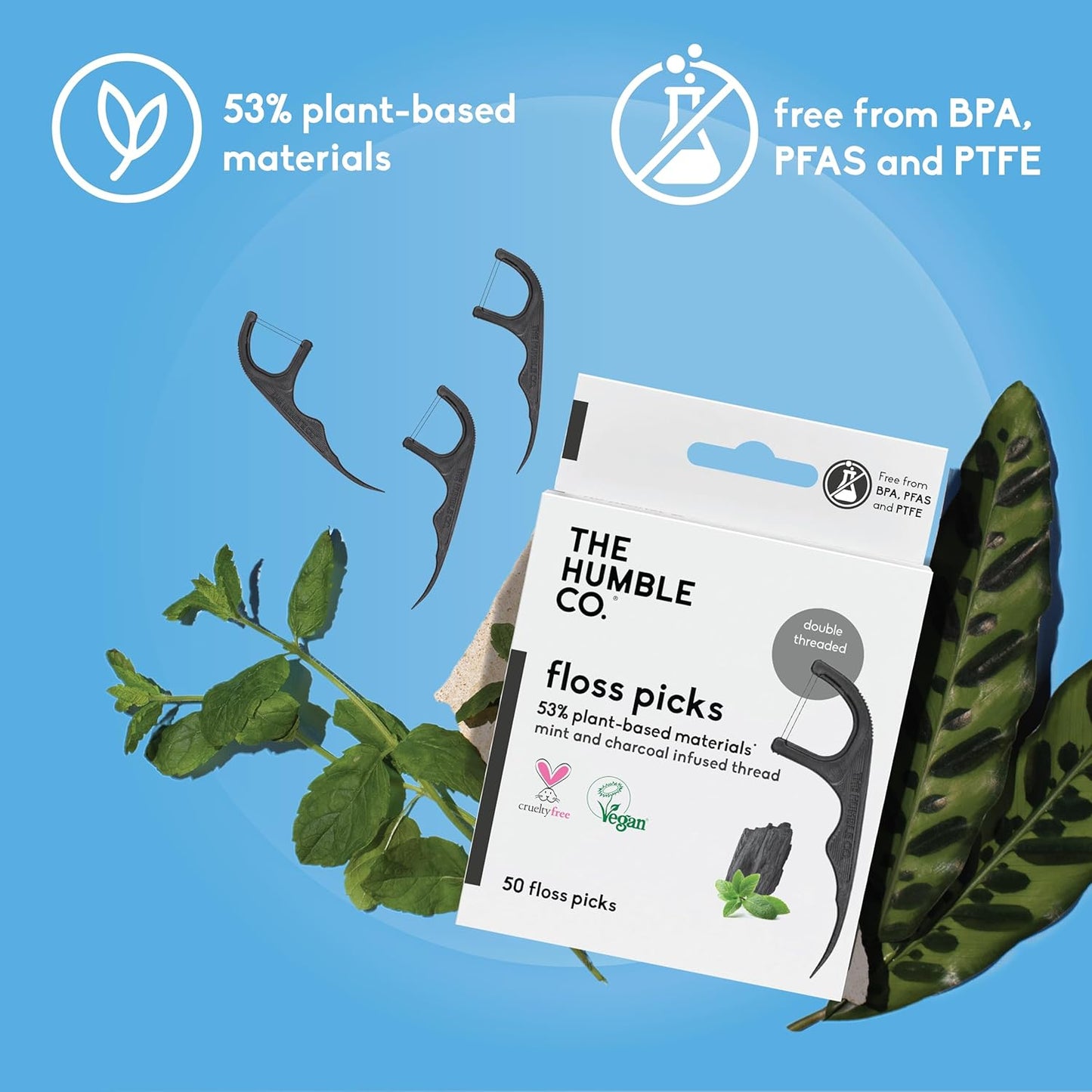 The Humble Co. Floss Picks (200 Count) – Plant Based Dental Floss Picks for Superior Oral Care, Dental Hygiene, and Gum Health, Cruelty Free Tooth Floss Picks (Charcoal, Double Thread)