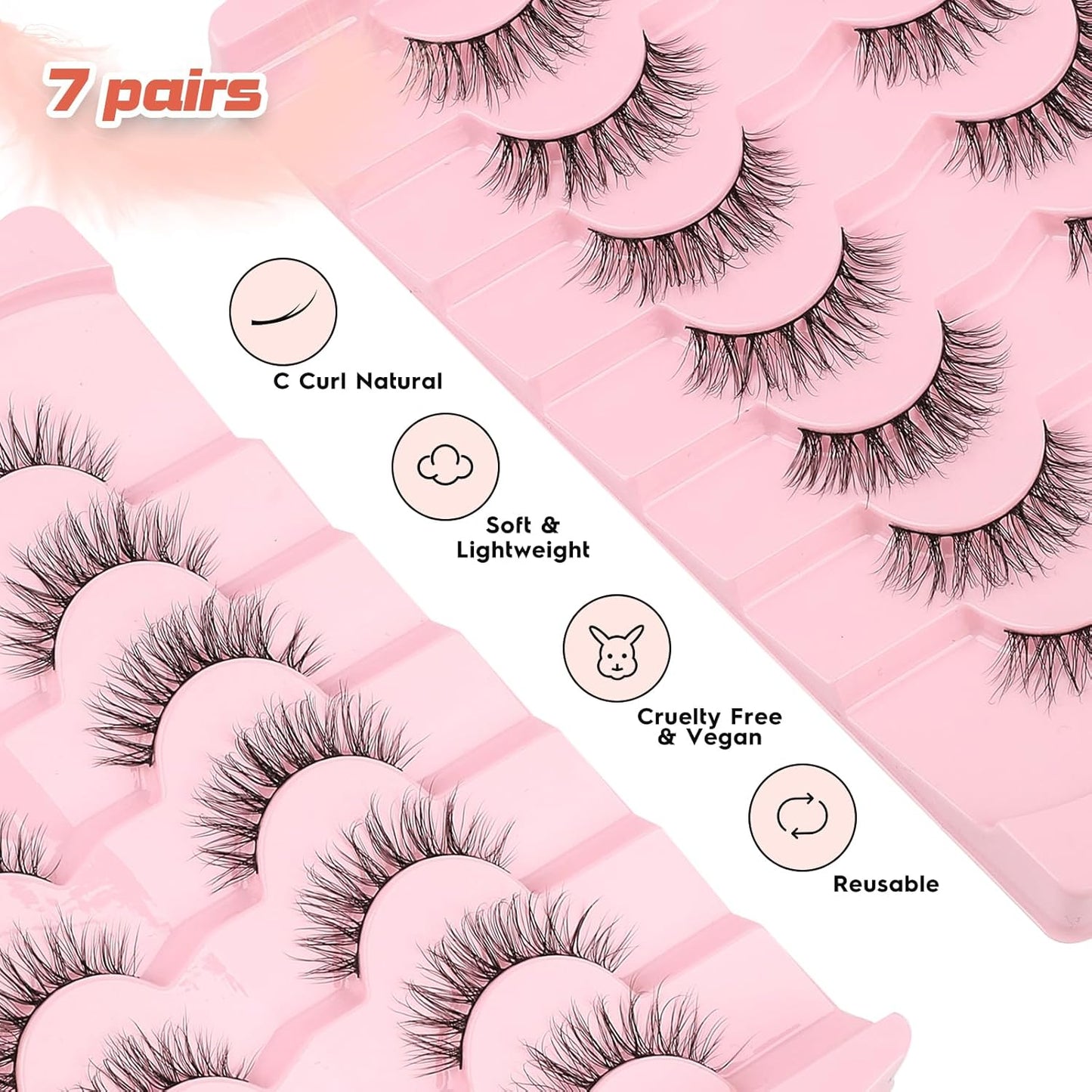 Lashes Natural Wispy Eyelashes 15mm Strip Lashes Pack False Eyelashes 0.1MM Thin Band C Curl Eye Lashes 3D Volume False Eyelashes Siligli Lashes 7 Pair