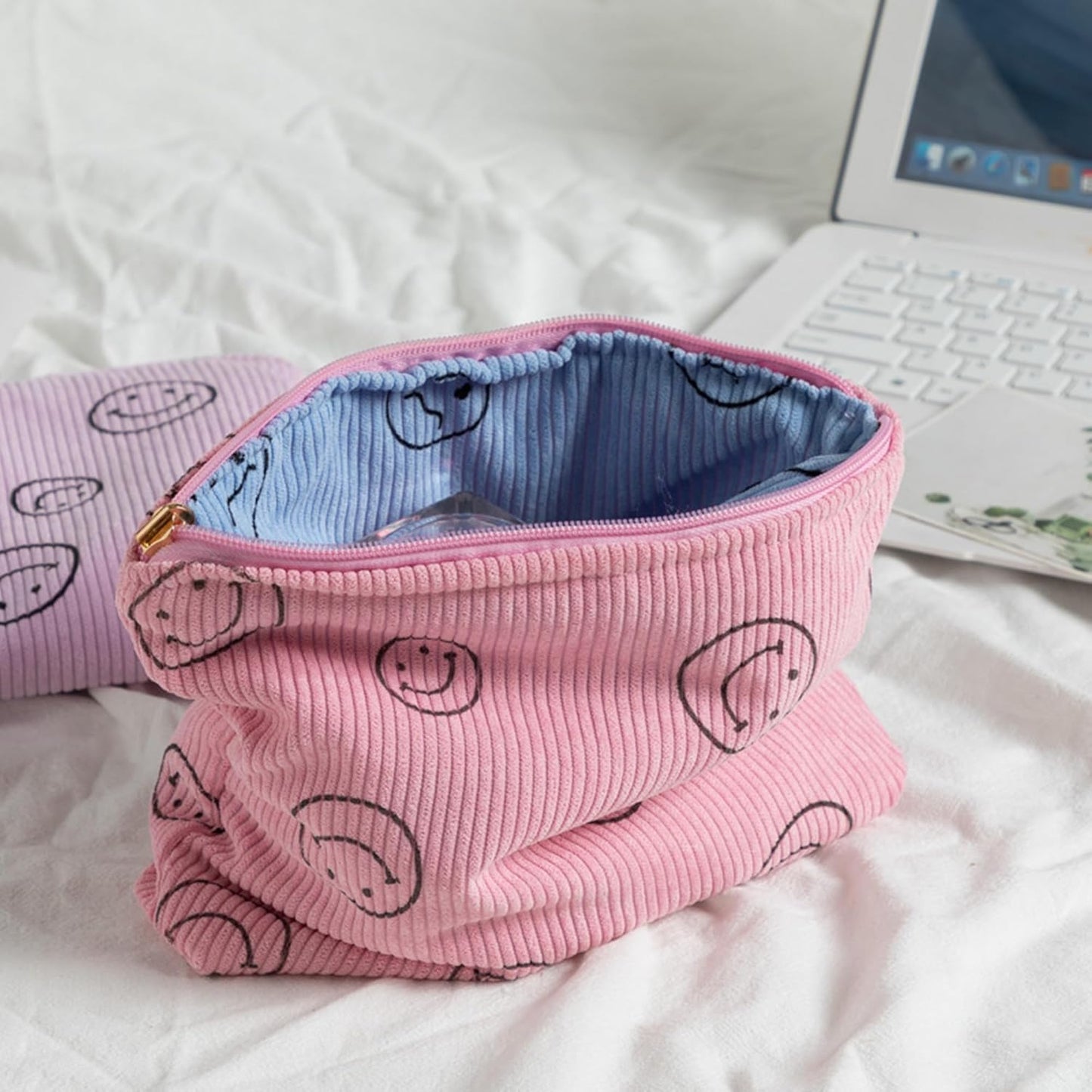 Cosmetic Bags for Women - Corduroy Cosmetic Bag Aesthetic Women Handbags Purses Smile Dots Makeup Organizer Storage Makeup Bag Girls Case Bags (Double Pink Blue)