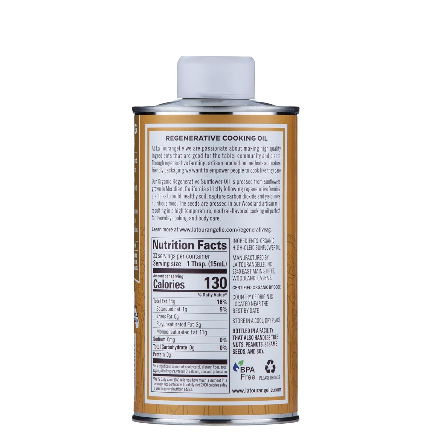 La Tourangelle, Organic Regenerative Sunflower Oil, High Heat Cooking and Skin Care Oil, Sustainable, Non-GMO, 16.9 fl oz
