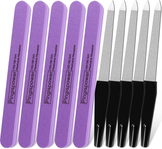 Nail File, 10PCS Professional Metal Nail Files and Buffers Block (100/180 Grit) for Natural Nails, Double Sided Washable & Reusable Manicure Kit for Women, Home & Salon Travel
