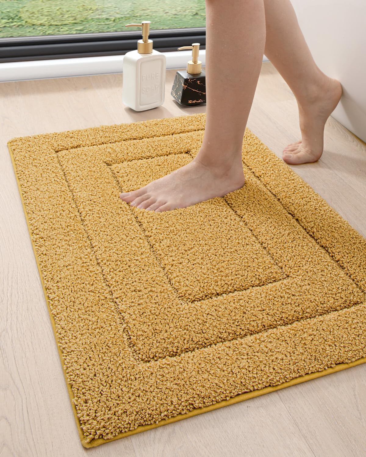 DEXI Bathroom Rug 24x16, Non Slip Washable Bath Mat for Shower Floor, Absorbent Soft Bathmat with Rubber Backing, Quick Dry Microfiber Carpet, Yellow