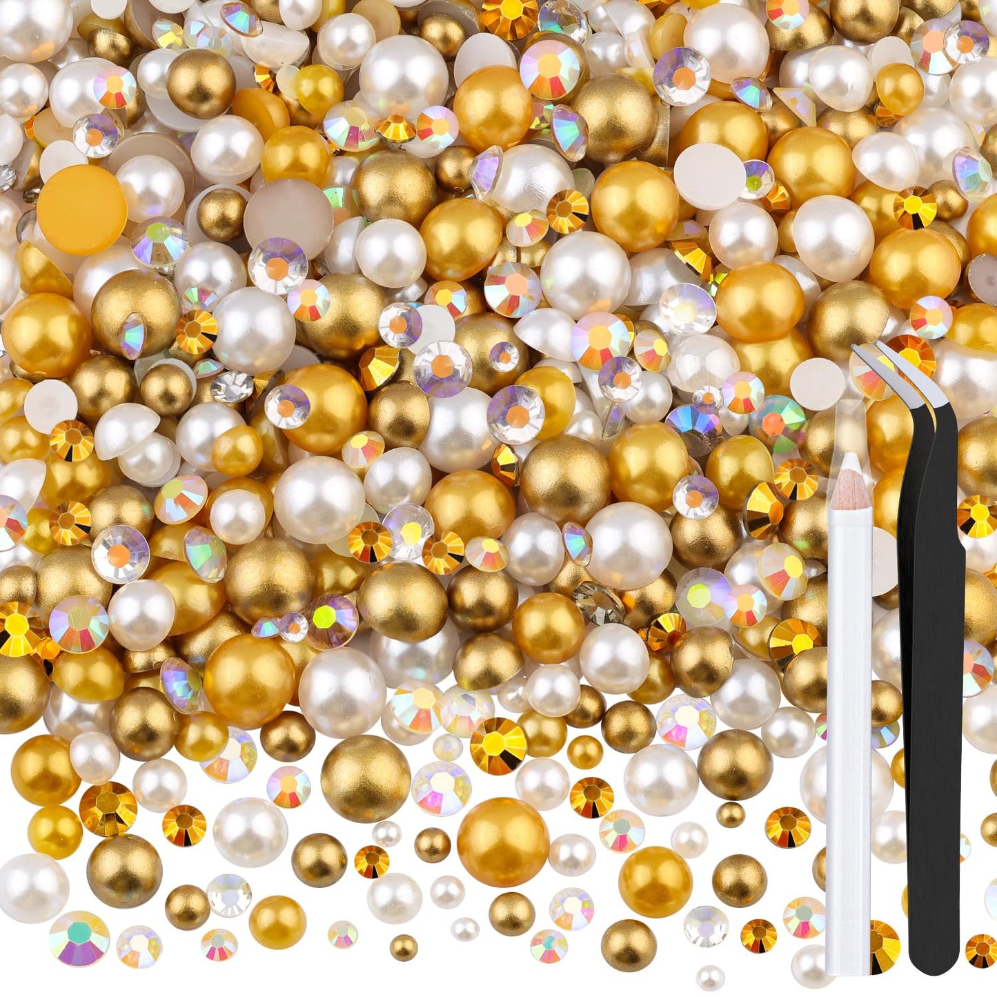 80g Flatback Pearls and Rhinestones for Bedazzling, Champagne Gold Mixed Size 3-10mm Resin Rhinestones and Half Pearls for Crafting, Nail Art and Decoration with Tweezers (White Brown)