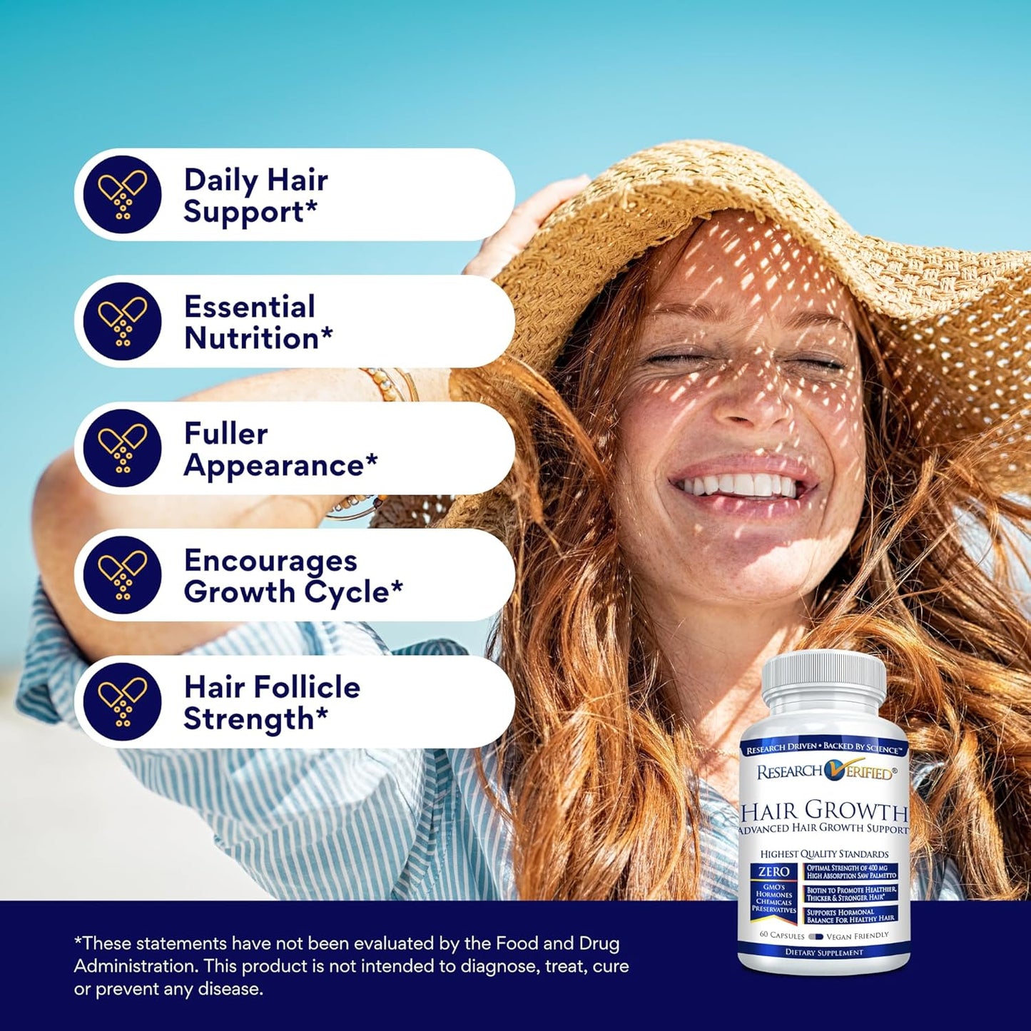 Research Verified Hair Growth Support - with Biotin, DHT Blockers & Vitamins - Hair Growth and Hair Loss Prevention - 180 Capsules - 3 Month Supply