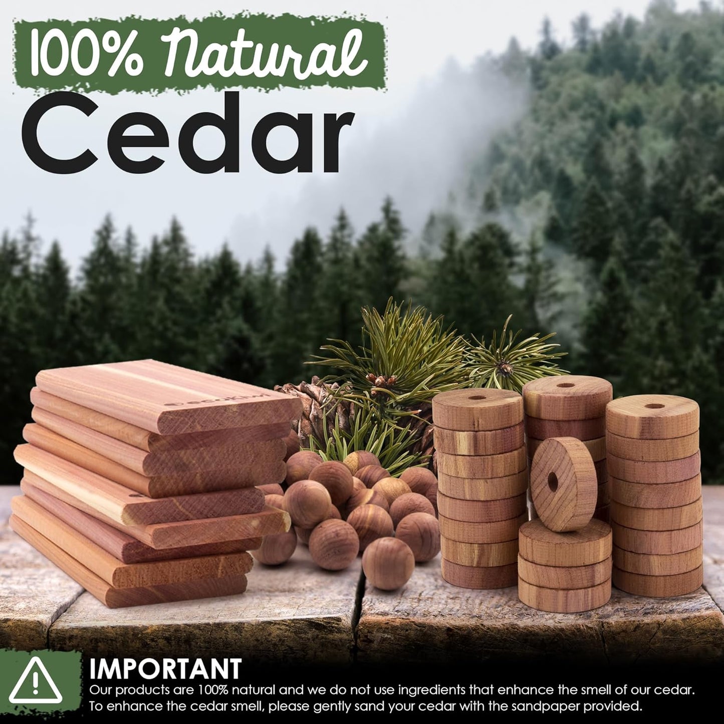 ecoKiwi Cedar Blocks for Clothes Storage Mega Bundle Box - Cedar Hangers x20, Balls x75 & Rings x55-100% Natural Oil Planks & Chips for Closets & Drawers - Aromatic Red Cedar Wood with Sandpaper