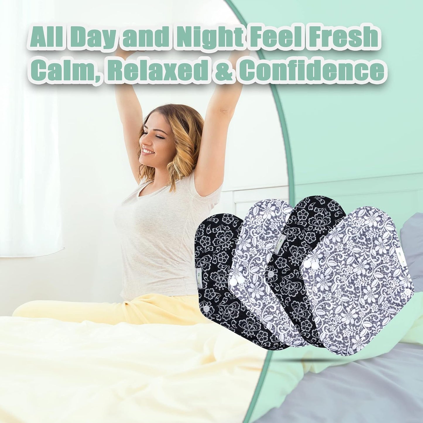 Wegreeco Reusable Menstrual Pads - Soft Cloth Sanitary Pads | Panty Liners - 6 Pack with 1 Cloth Wet Bag (Black, Grey Lace, Large)