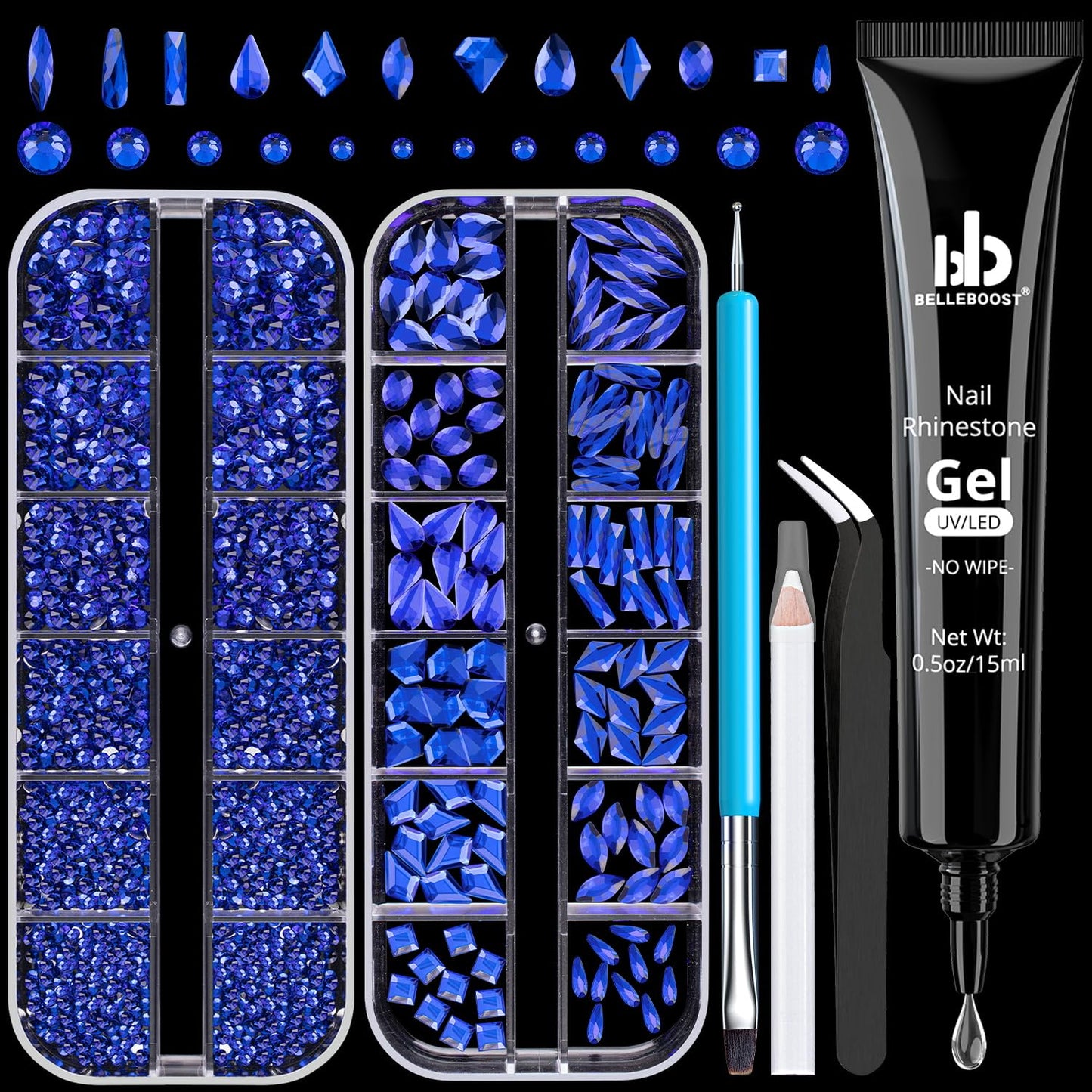 Rhinestones for Nails, Manicure Kit with Rhinestone Glue Gel, Multi Shapes Dark Blue Glass 3D Nail Charms + Flatback 2-5mm Round Beads & Gem Glue (UV/LED Needed) with Dotting Tools