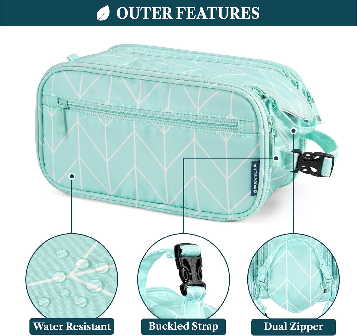 PAVILIA Toiletry Bag for Men Women, Mens Travel Bag Toiletries Organizer Case for Grooming, Travel Essentials Shaving Dopp Kit, PU Leather Water Resistant Cosmetic Pouch, Teal Chevron