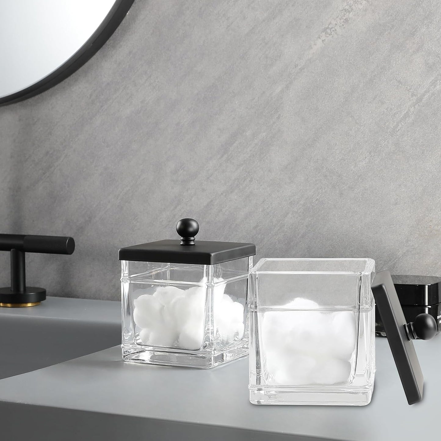 Glass Cotton Jar Holder 2 Pack– Matte Black Lid, Elegant Bathroom Storage Canister for Qtips, Cotton Balls, Floss, Makeup Organizer, Vanity & Bathroom Organization