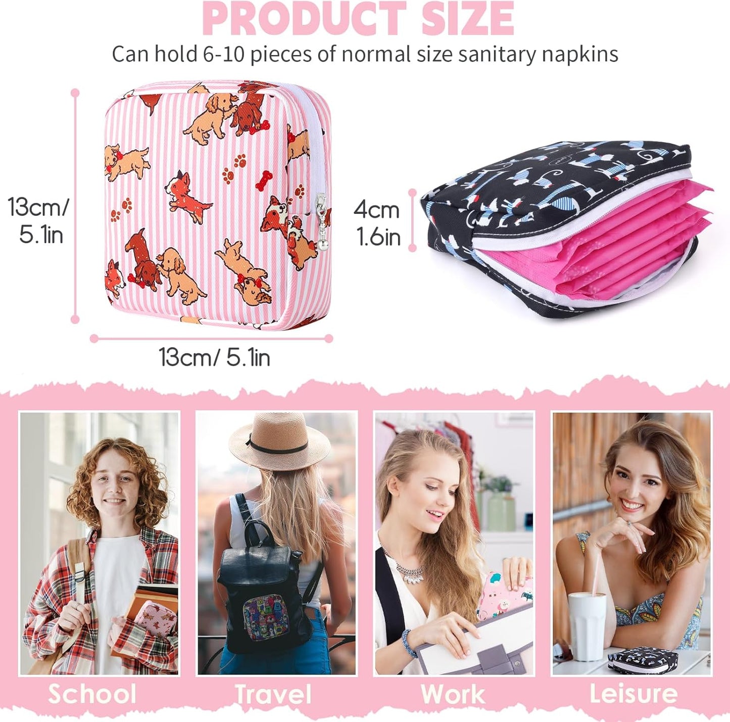 Desing Wish Sanitary Pad Storage Bag Portable Period Bag for Teen Pads/Sanitary Napkins/Small Tampons, Sanitary Napkin Storage Bag First Period Gifts for Teen Girls (Pink Striped Dog)