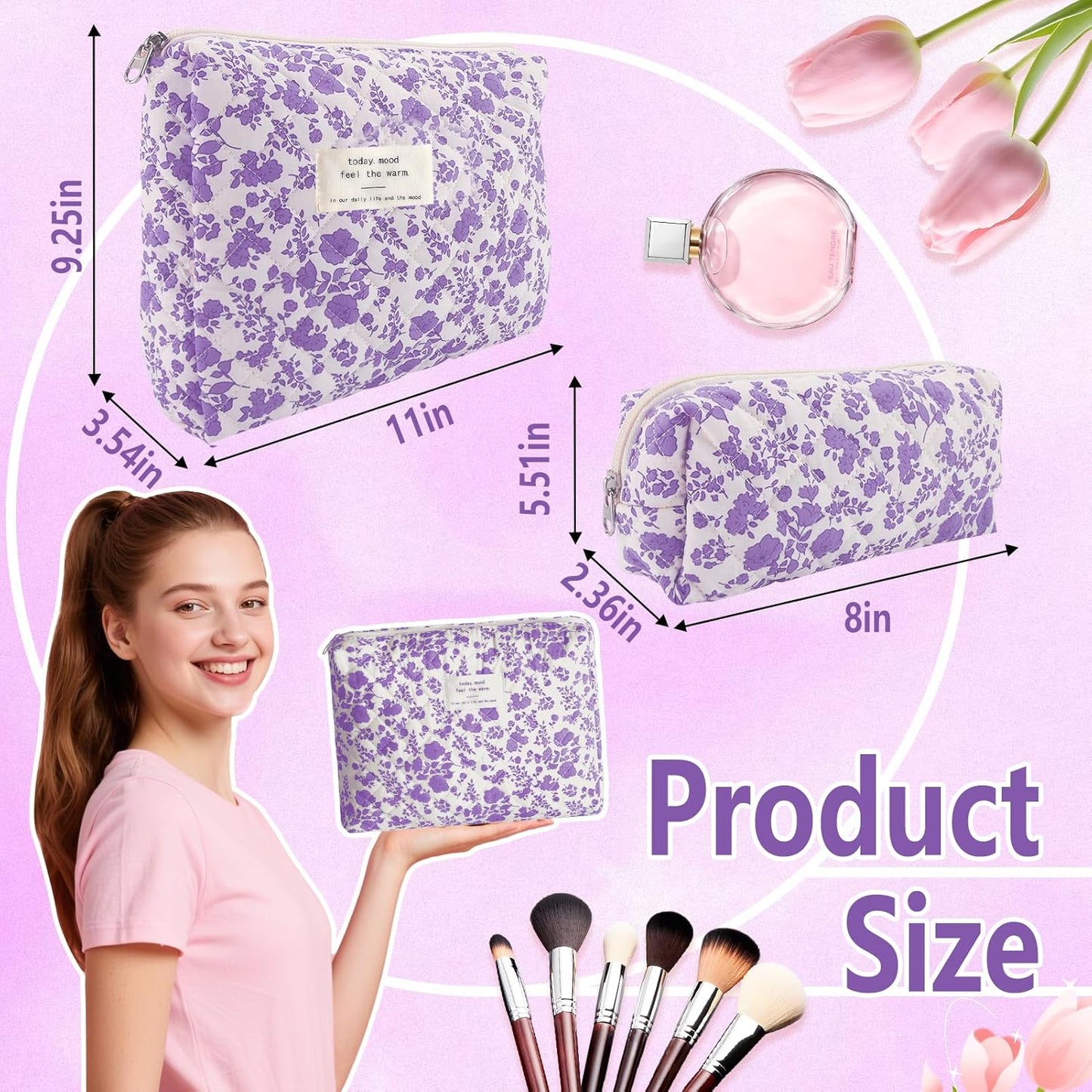 2Pcs Quilted Makeup Bag Set Flower Cute Pencil Case Large Small Travel Makeup Pouch Set for Women Coquette Makeup Bag Aesthetic Cotton Cosmetic Bag Purple Toiletry Organizer Storage Bag Zipper Pouch