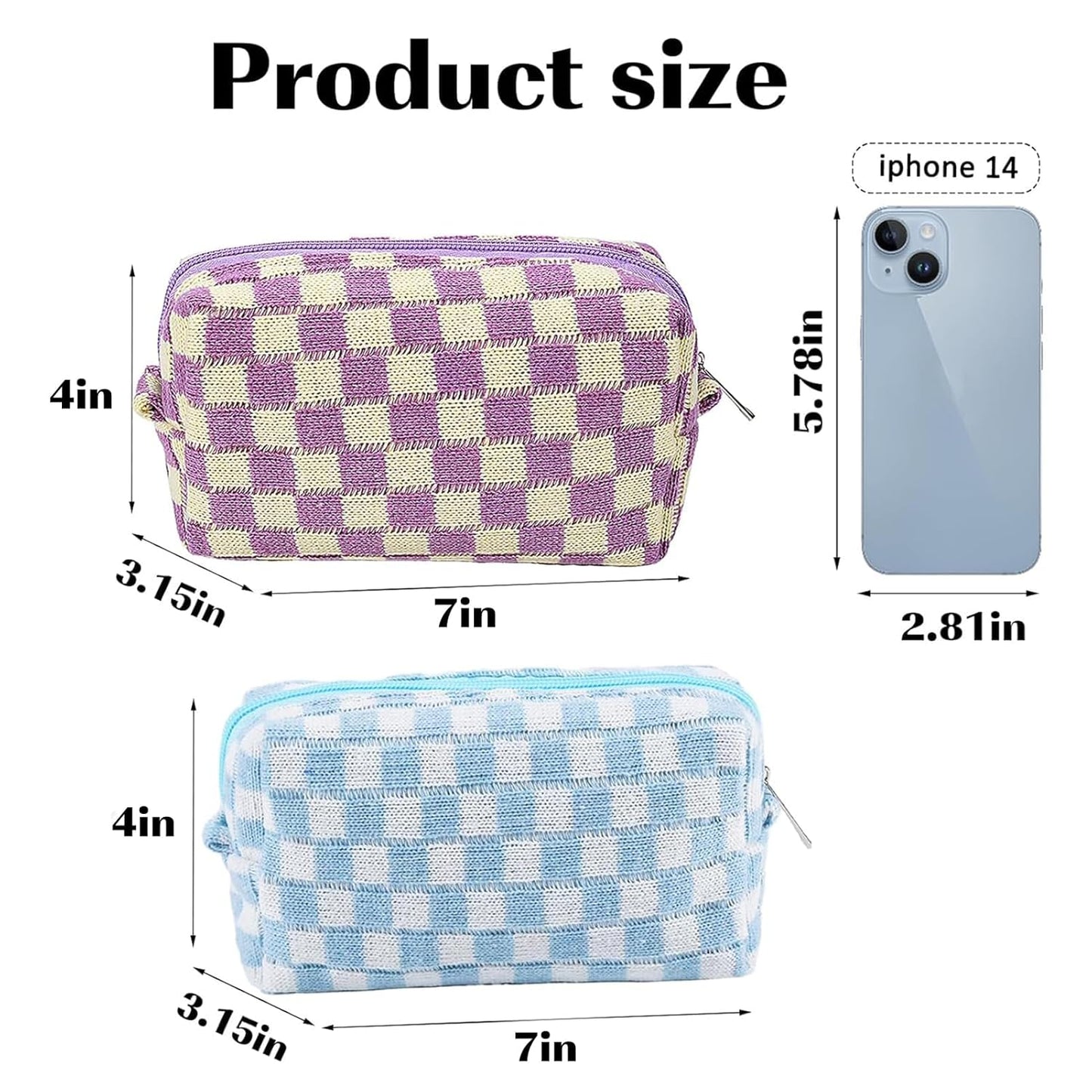 ZLFSRQ 2Pcs Checkered Pencil Case Cute Pencil Pouch for Teens Checkered Makeup Bag Medium Travel Cosmetic Bag Preppy Makeup Pouch for Purse Aesthetic Zipper Toiletry Bags Organizer(Blue/Purple)
