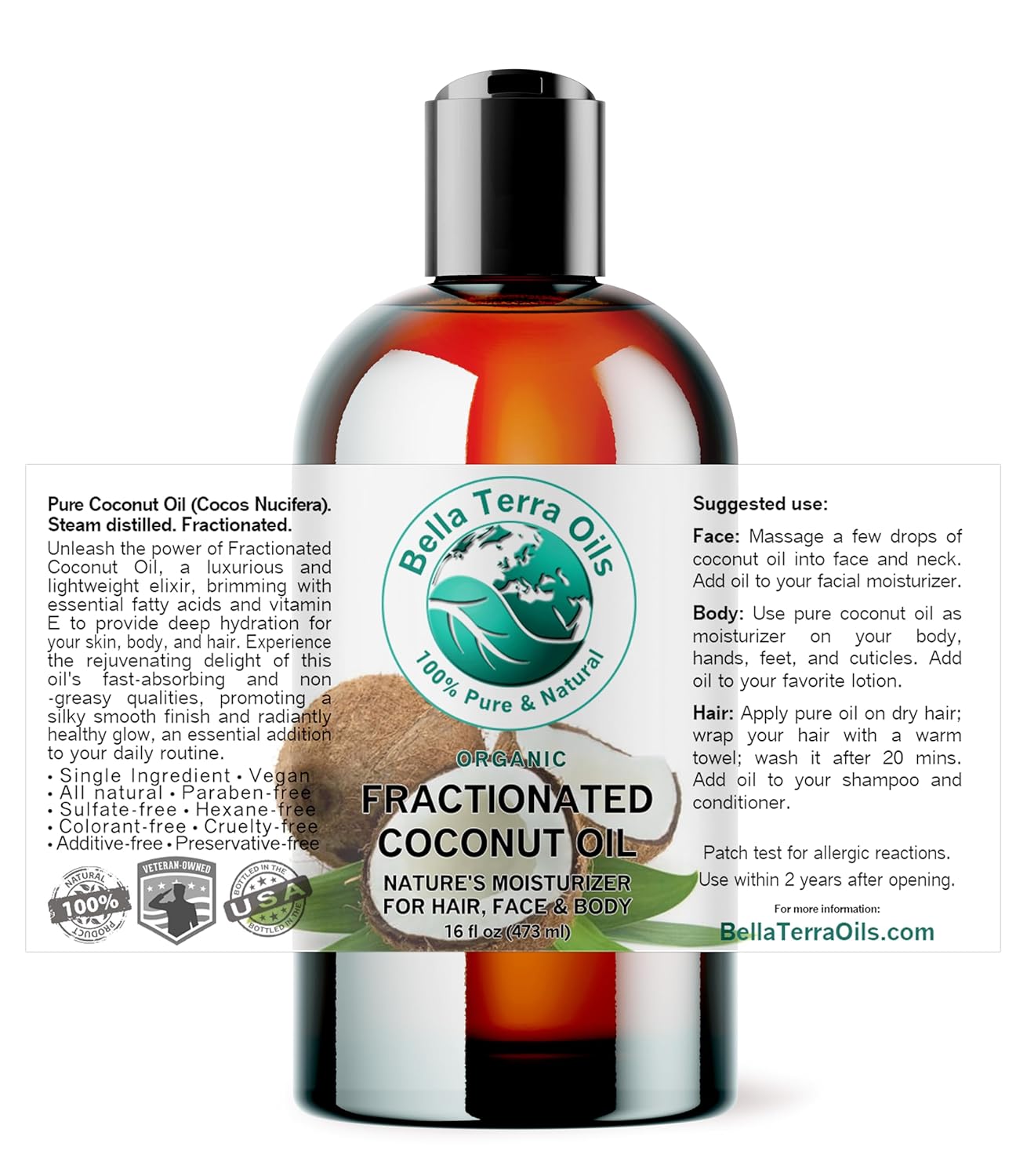 Bella Terra Oils - Liquid Organic Fractionated Coconut Oil 16oz - The Ideal Mix of MCTs & Fatty Acids, A Lustrous Elixir for Daily Skin Care
