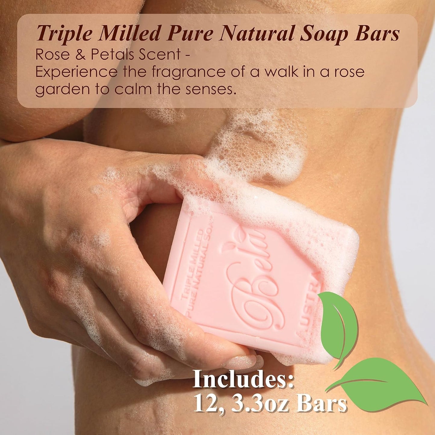 BELA Rose Soap 3.3 OZ Pack of 12, French Triple Milled Bar Soap Rose and Petals with Organic Shea Butter, Hand, Face and Body Wash Bar Made in Australia