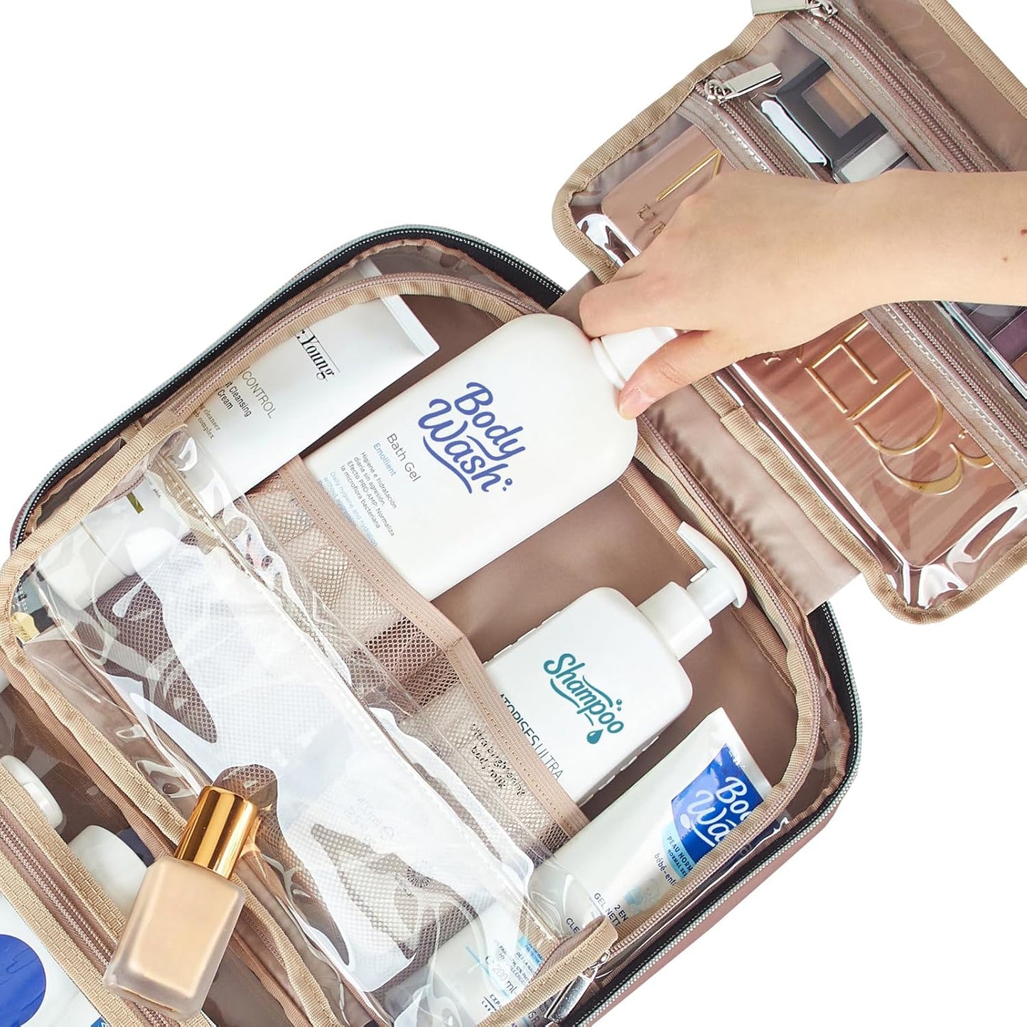 NISHEL Travel Toiletry Bag for women, Portable Hanging Organizer for Full-Sized Shampoo, Conditioner, Brushes Set, Makeup Accessories, Large Size, Rosewood-Pink