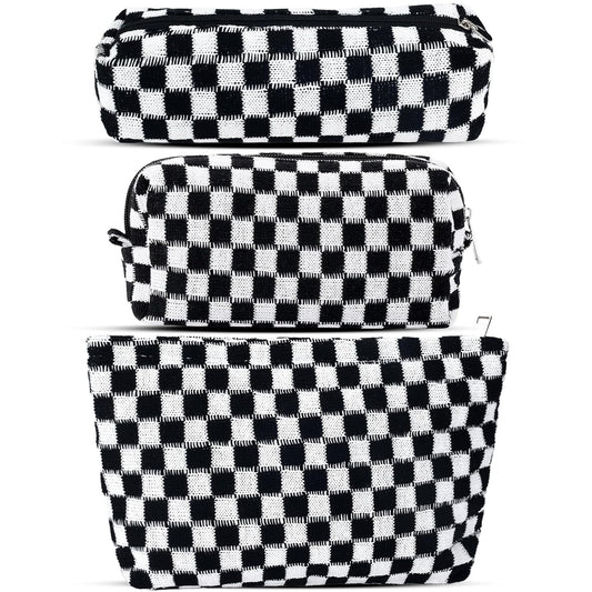 ZLFSRQ 3Pcs Checkered Makeup Bag for Women Large Small Checkered Cosmetic Bag Set Aesthetic Preppy Pencil Case Cute Pencil Pouch Black Makeup Pouch for Purse Travel Toiletry Bags Zipper Skincare Bags