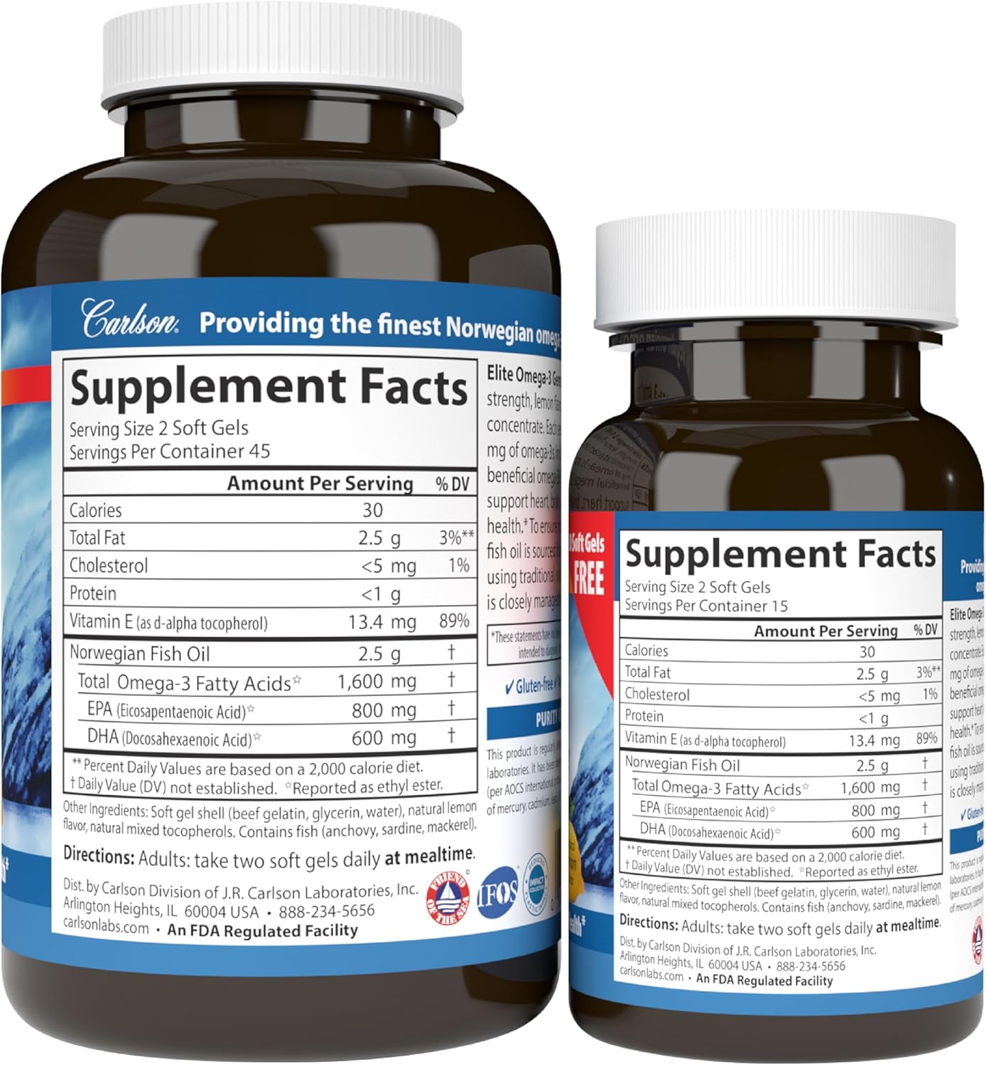 Carlson Labs Elite Omega-3, 1600 mg, Gems Fish Oil Soft Gels, Natural Lemon Flavor, 2 Pack (120 Count Each)