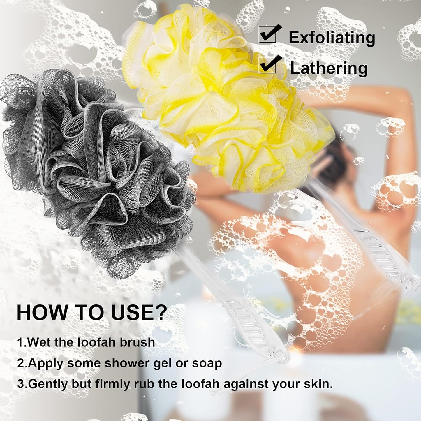 Black, Yellow & Gray Loofah - Mens & Womens Back Scrubber - 18 Inch Long - 2 Pack