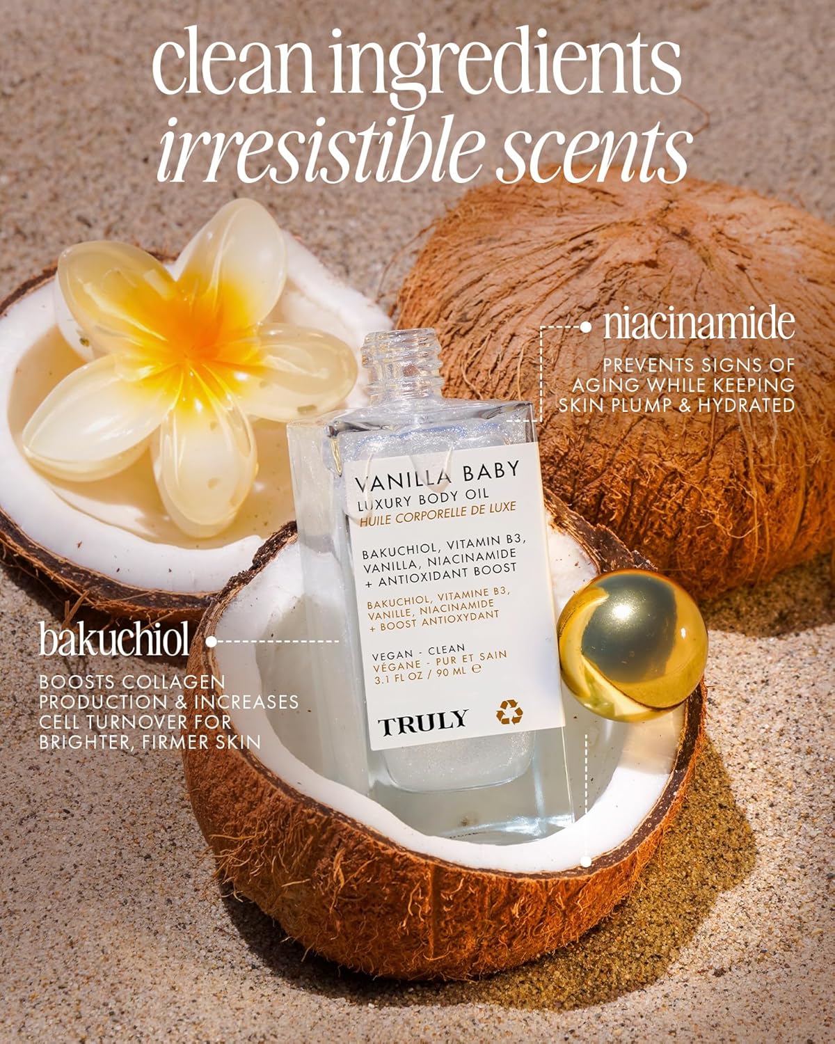 Truly Beauty Vanilla Baby Luxury Body Oil | Plumping Body Shimmer Oil for Hydration & Firmness | With Bakuchiol & Niacinamide for Collagen Boost | Vanilla, Pear & Caramel Scent | Radiant Glow