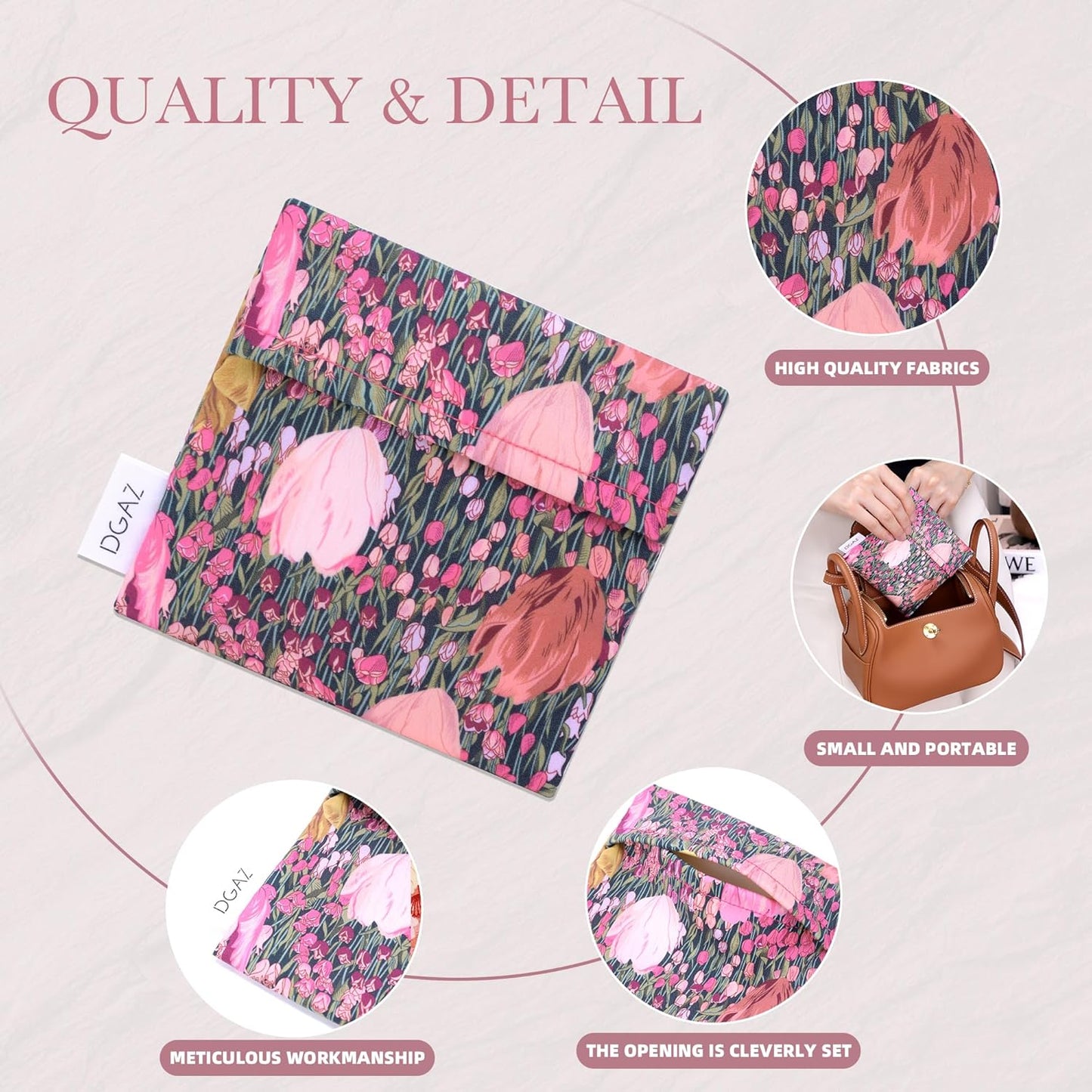 DGAZ Sanitary Napkin Storage Bag, Period Bag for Teen Aged Girls, Portable Period Bag for Panty Liners/Menstrual Cup/Small Tampons，Mini Makeup Bag for Purse(Blooming Tulips)