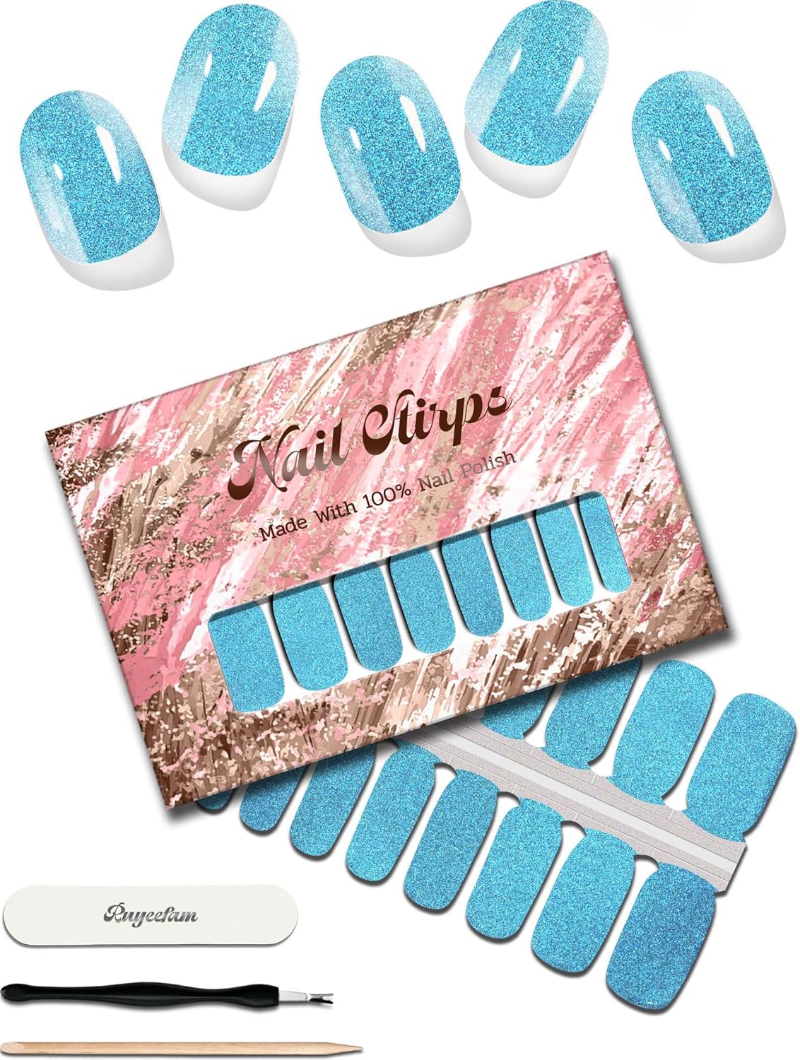 Glitter Nail Polish Strips, 32 Pcs Salon Quality Gel Nail Stickers, Long Lasting Wraps Easy to Use & Remove (Glitter Water Blue)