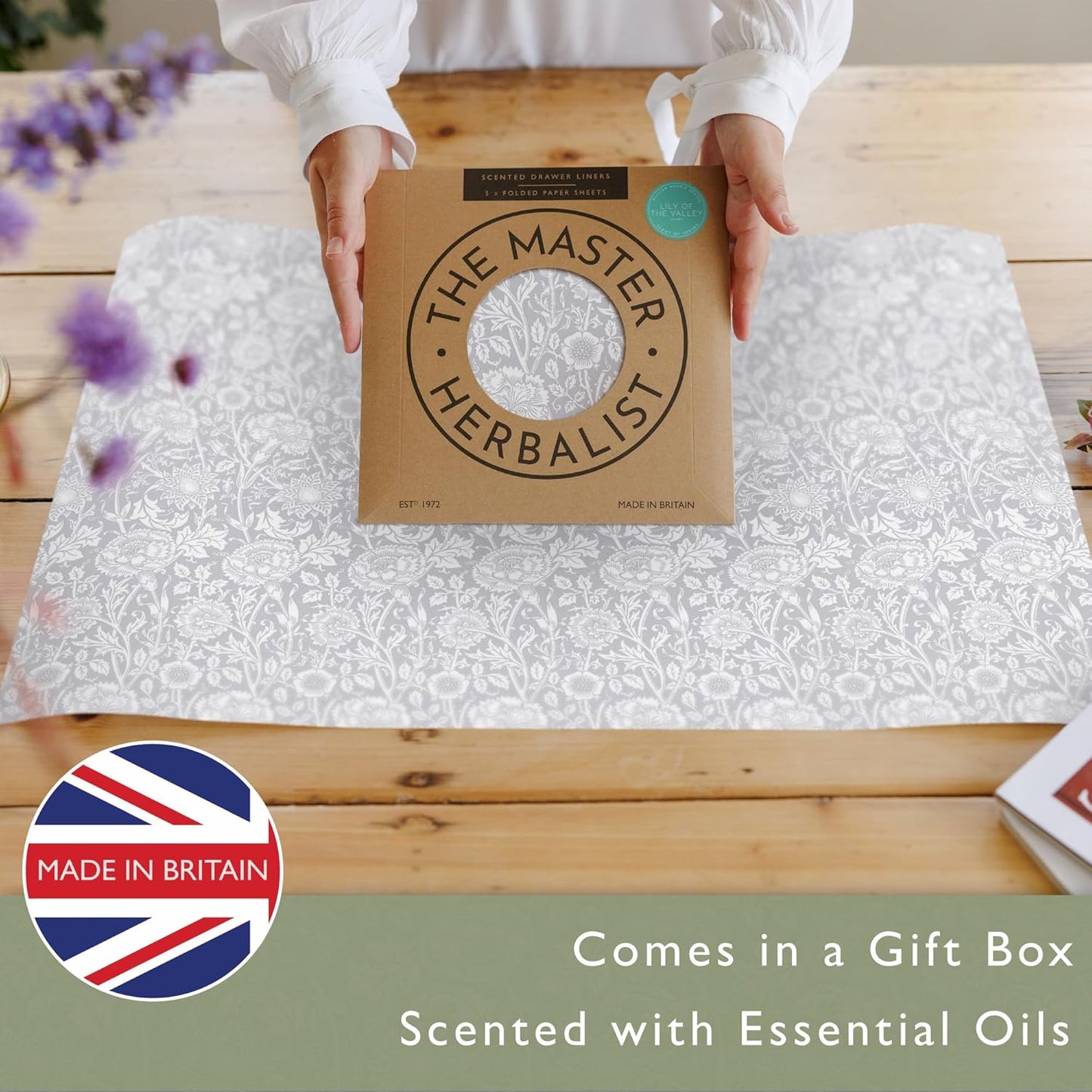 LILY OF THE VALLEY Scented Drawer Liners in a GREY William Morris Design | Pack of 5 Sheets (FOLDED) | Contains Essential Oils | Made in Britain