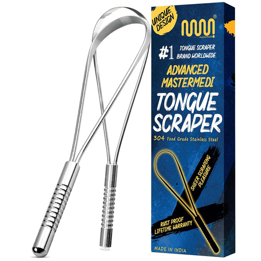 MasterMedi Tongue Scraper for Adults, 100% Stainless Steel Tongue Scrubber for Bad Breath, Easy to Use, Tongue Cleaner for Oral Care & Hygiene (SS Uni|Pack of 2)