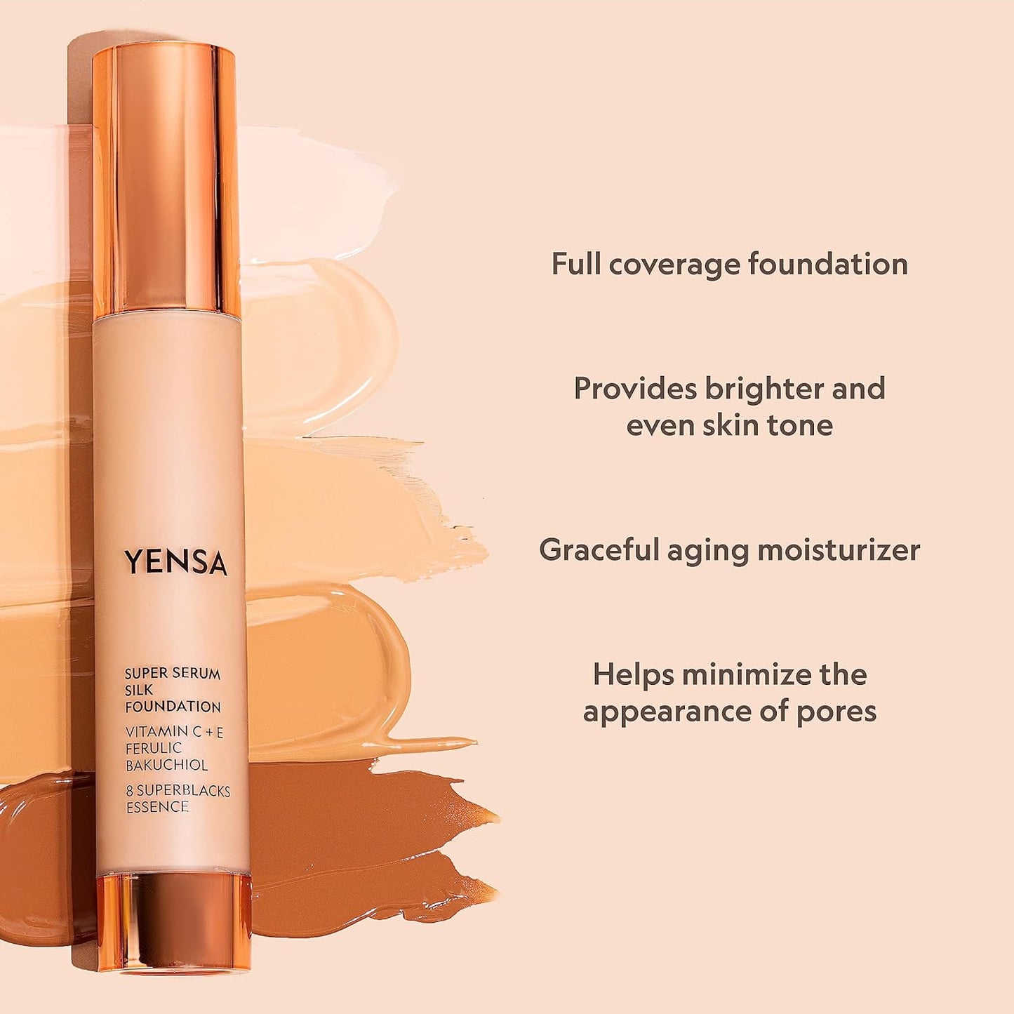 YENSA Serum Foundation Makeup - Super Silk Full Coverage Foundation Enriched with Peptides, Vitamin C & Ferulic Acid to Help Reduce Fine Lines, Wrinkles & Dark Circles - Medium 2 (1 oz)