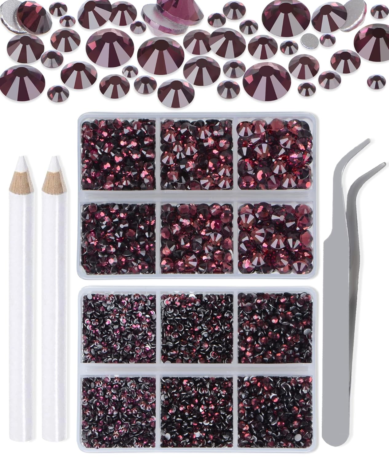 LPBeads 6000 Pieces Amethyst Non Hotfix Rhinestones 6 Sizes Round Crystal Glass Flat Back Rhinestones with Tweezers and Picking Pen for Nail Art Crafts Clothes Bags DIY