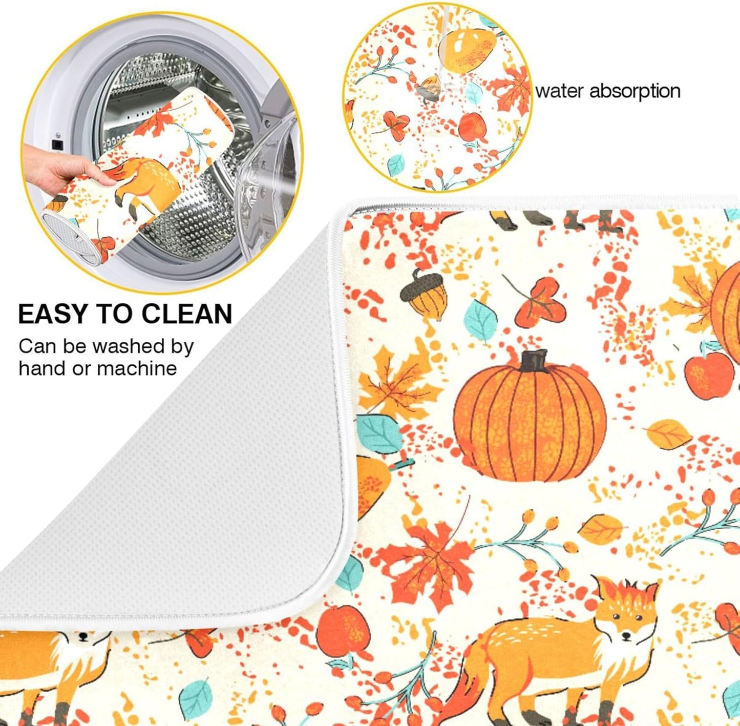 Fall Fox Dish Drying Mat for Kitchen Countertop 16x18 Autumn Chestnuts Pumpkin Berry Thanksgiving Day Small Drying Mat Reusable Quick Dry Dish Sink Mats Easy Clean Decorative Essentials