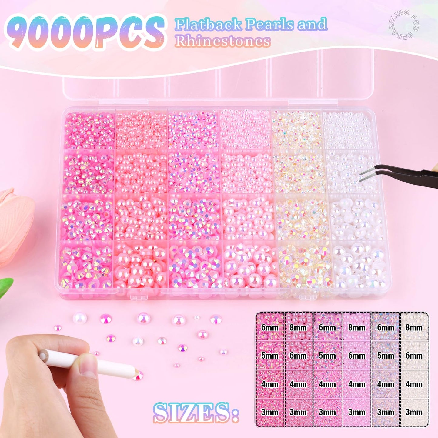 9000Pcs Flatback Pearls and Rhinestones for Crafting, Pink White Mixed Size 3-8mm Resin Rhinestones and Half Pearls for Bedazzling, Nail Art and Decoration with 3pcs B7000 Jewelry Glue