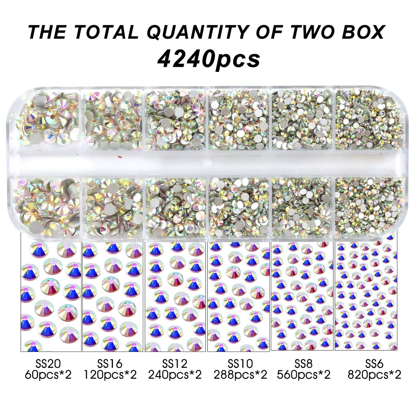 4240Pcs Flatback Crystal Ab Rhinestones Glass Gems for Nail Art Jewels Makeup Tumblers Shiny Round with Tweezers and Picking Pen (SS6~SS20 Set)