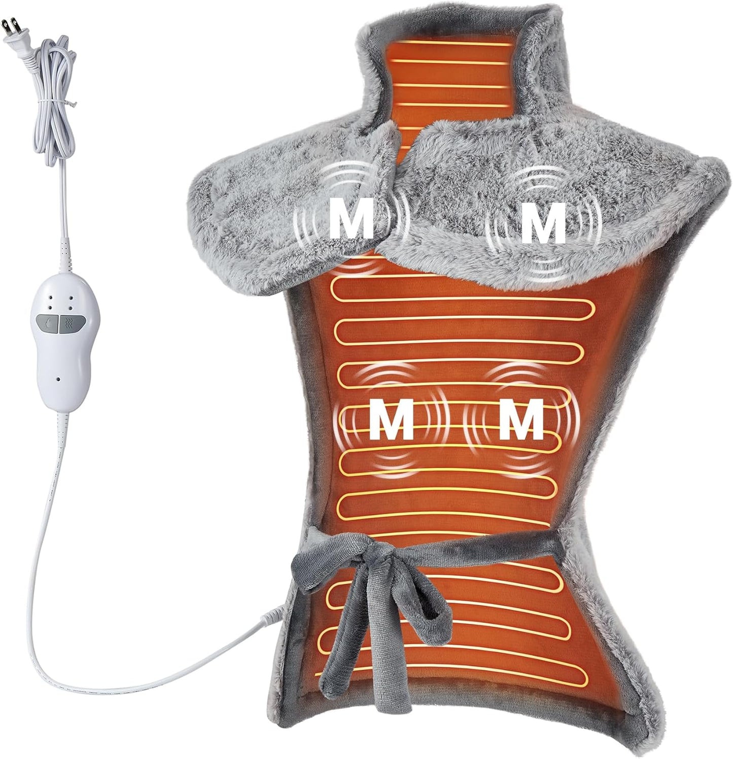 Massaging Heating Pad for Neck and Shoulders and Back, 24" x 35" Large Electric Heating Pad for Back Pain Relief with 3 Heat Levels, 4 Massage Settings, 2H Auto Shut-Off, 4 Massage Motors,Grey