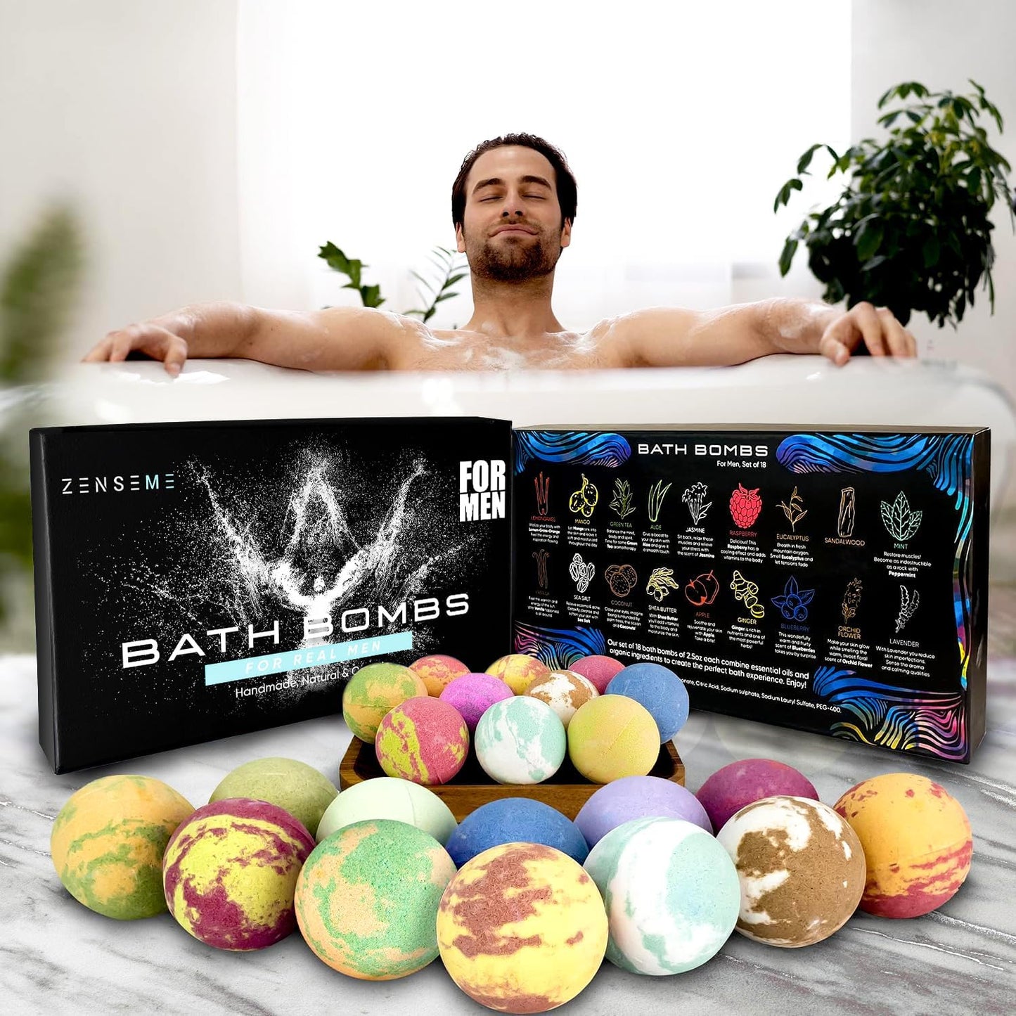 Bath Bombs for Men, Gift Set of 18 Scented Organic Handmade Bath Bombs of 2.5 oz with Natural Essential Oils. Perfect for Boyfriend, Husband, Father or Friend, by ZenseMe
