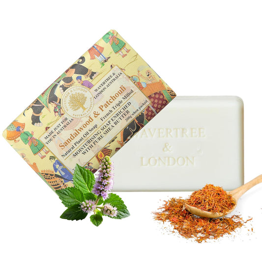 Wavertree & London Sandalwood Patchouli Scented Natural Soap Bar, 7oz Moisturizing French Triple Milled Soap Bar for Women & Men enriched with shea butter - For All Skin Types