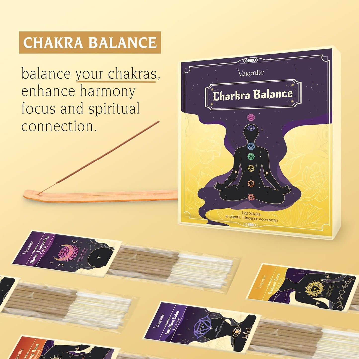 Incense Sticks - Charka Balance Incense Stick Variety Pack of 6 (120 Insence-Sticks) with Holder: Sandalwood, Bergamot, Jasmine, Lavender, Rose, Vanilla – 7 Chakras Inscents-Stick