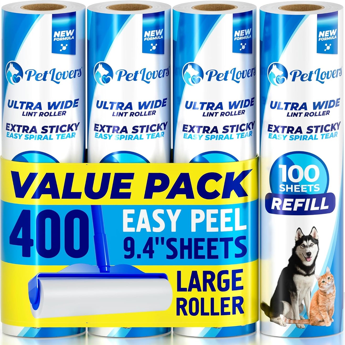 PetLovers Extra Sticky Floor Lint Roller 4 Pack of Refills Only - No Handles Included - 100 Sheets Per Refill 400 Sheets Total