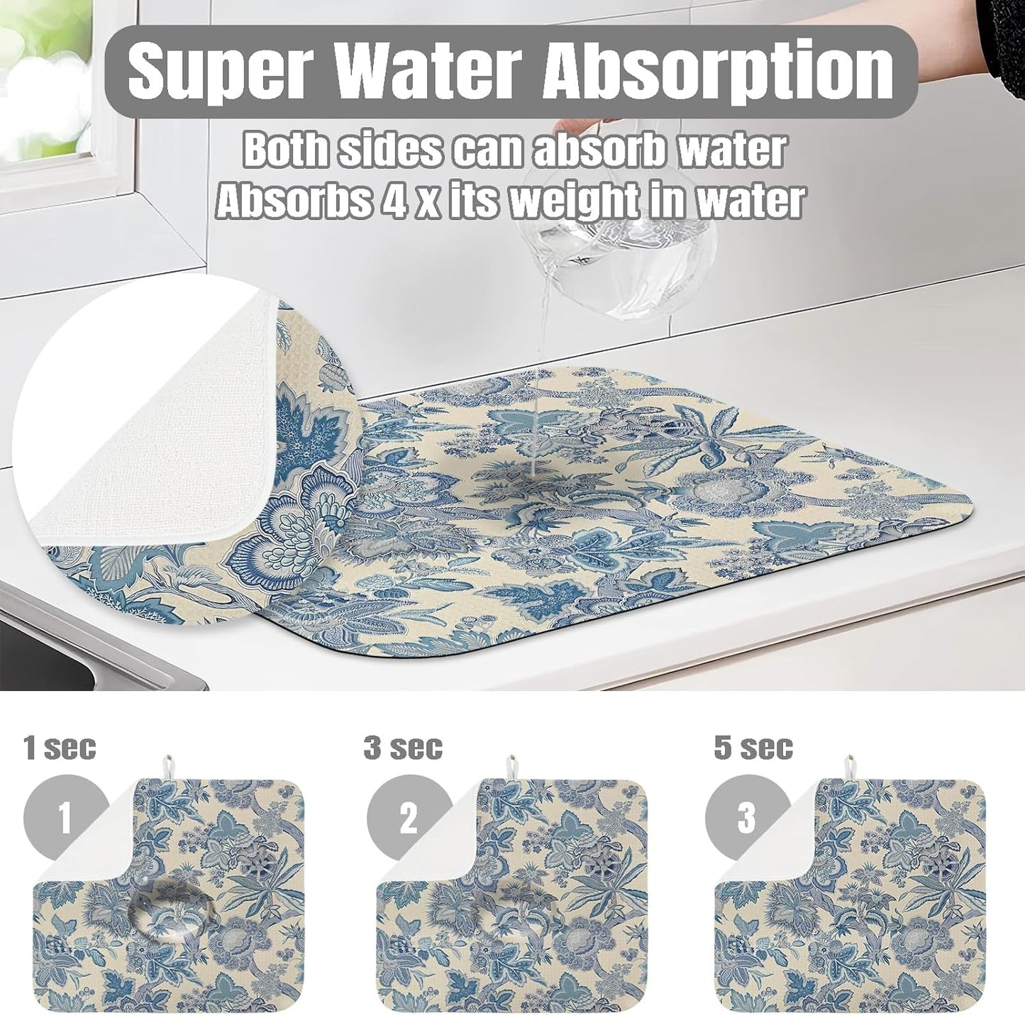 Dish Drying Mat for Kitchen Counter Large 18" x 24" Retro Blue Flower Absorbent Microfiber Dishes Drainer Rack Mats Pad Reusable Washable