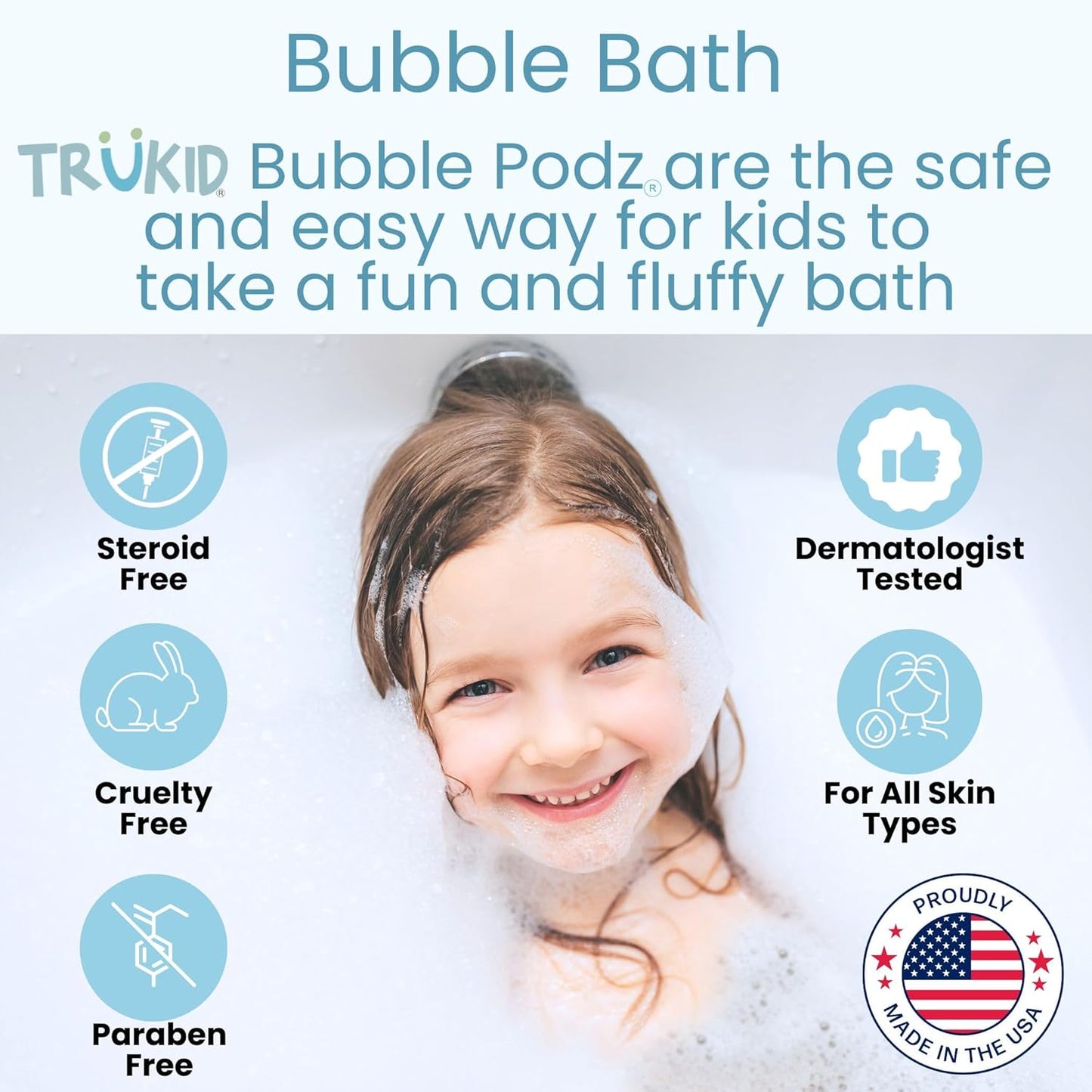 TruKid Bubble Podz Bubble Bath for Kids, Toddlers, & Babies, Tear Free Gentle & Refreshing Bath Bomb for Sensitive Skin with Natural Moisturizers, Non-Toxic, pH Balanced, Eucalyptus Scent (60 Podz)